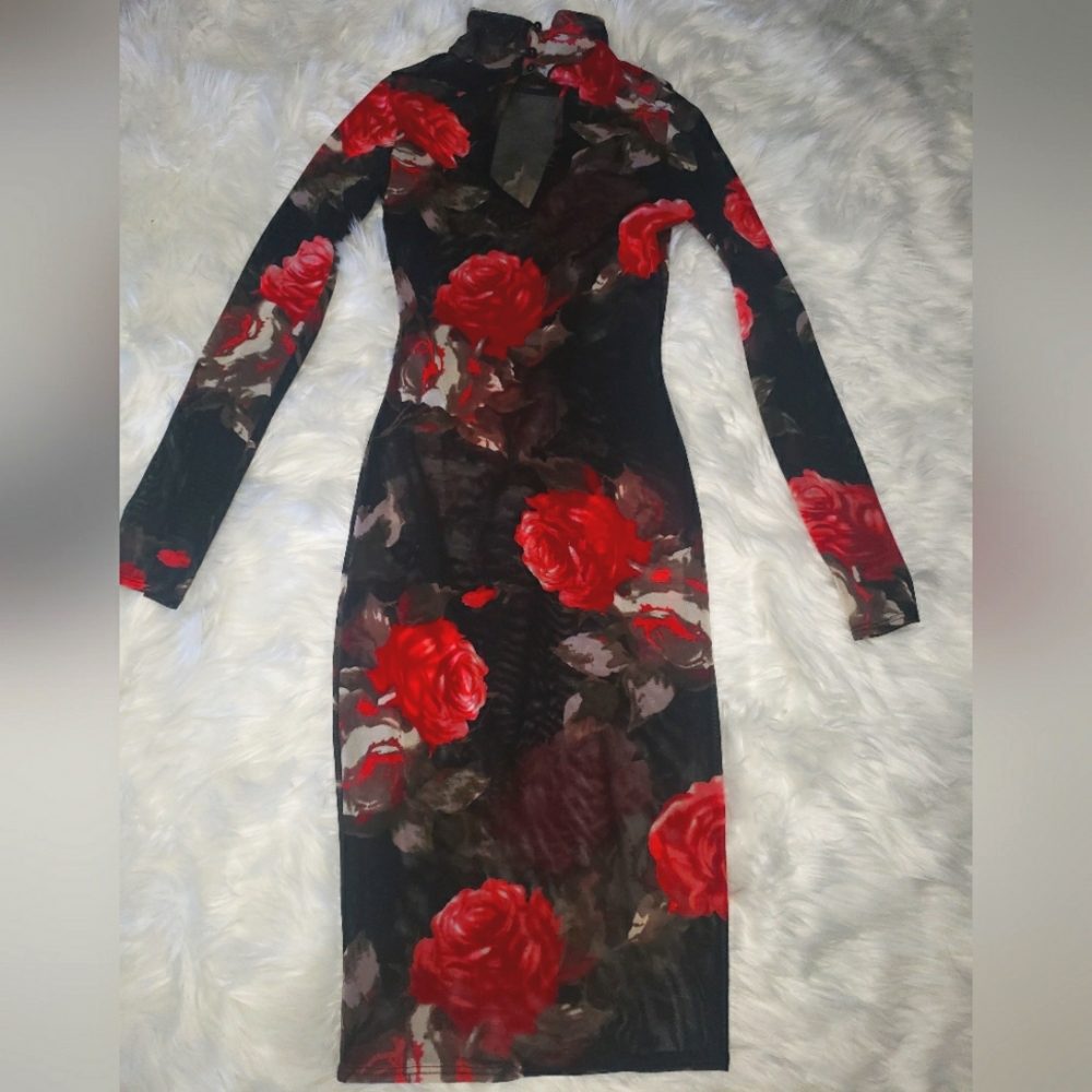 Monaco Sheer Black Choker Rose Floral Pattern Long Sleeve Dress Size M